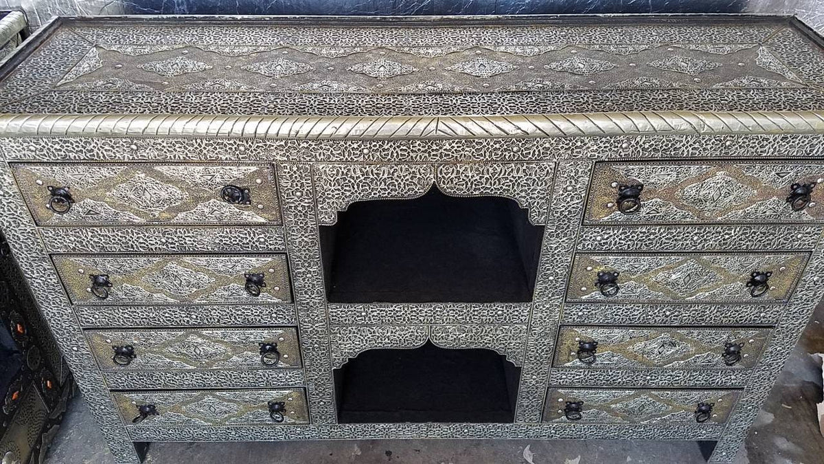 Handmade Moroccan Silver Metal Cabinet, 8 Drawer Rustic Buffet