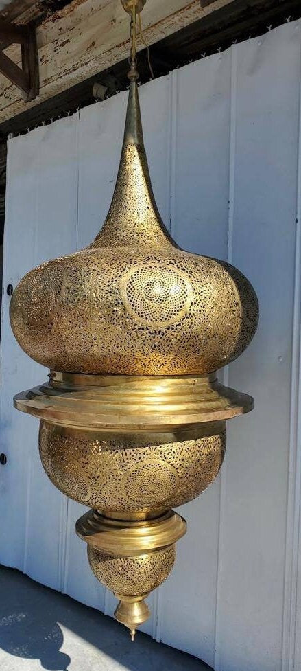 Extra Large Vintage Moroccan Brass Chandelier, Handmade Moorish Pendant Light