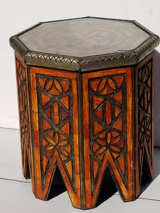Vintage Moroccan Bone Inlay Table, Handmade Ethnic Decor (20x19)
