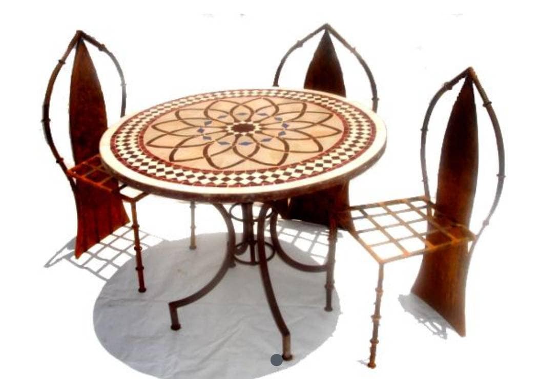 Handmade Moroccan Mosaic Tile Table, Rustic Wrought Iron Base (32" Diameter)