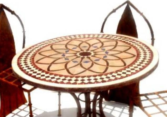 Handmade Moroccan Mosaic Tile Table, Rustic Wrought Iron Base (32" Diameter)