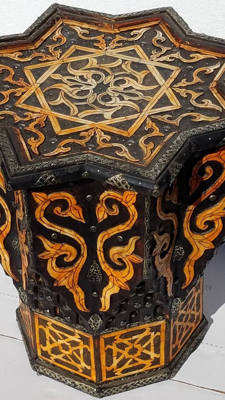Handmade Moroccan Star Bone Inlay Table, Vintage Accent Furniture