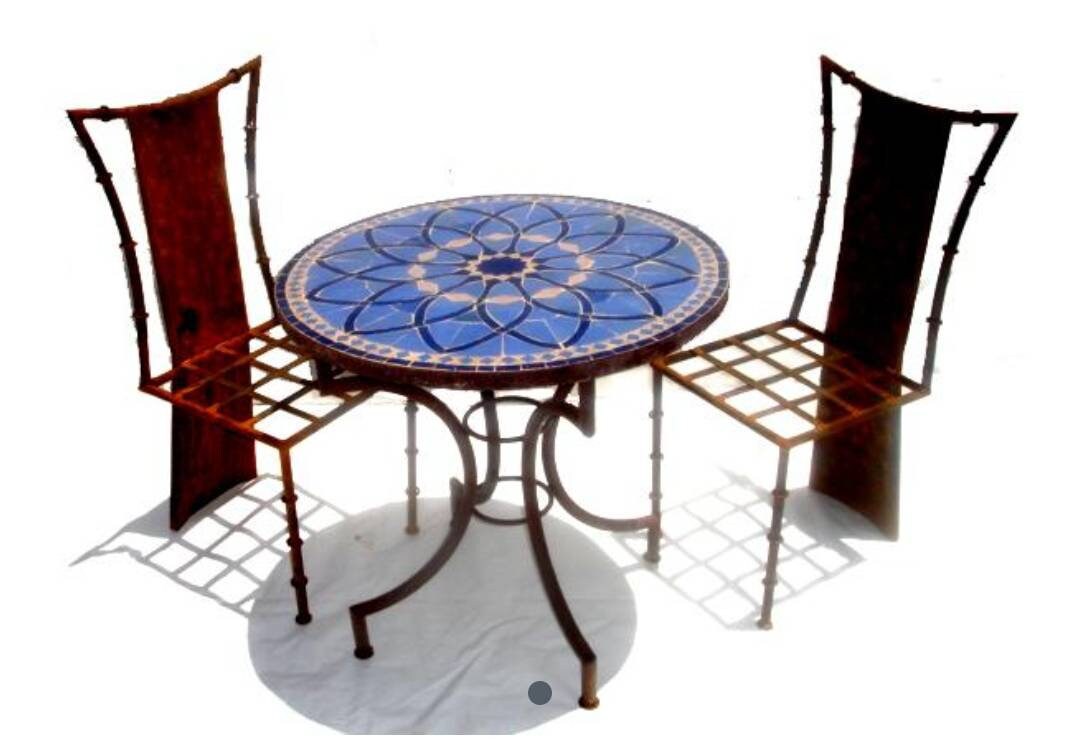 Blue Moroccan Mosaic Tile Table, Handmade Wrought Iron Base (32")