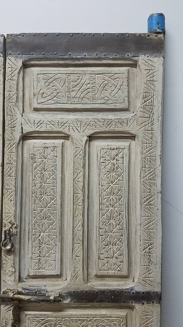 Handmade Vintage Moroccan Carved Double Door, White Cedar Wood (80.5x44.5)