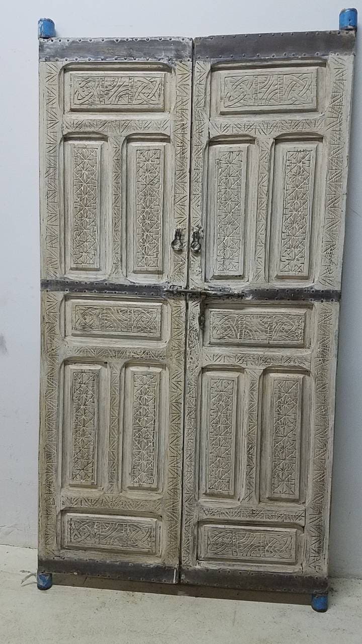 Handmade Vintage Moroccan Carved Double Door, White Cedar Wood (80.5x44.5)