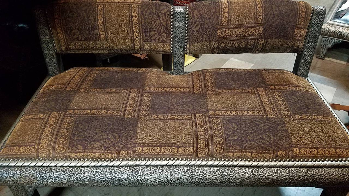 Handmade Moroccan Silver Metal Upholstered Bench, One-of-a-Kind Home Decor