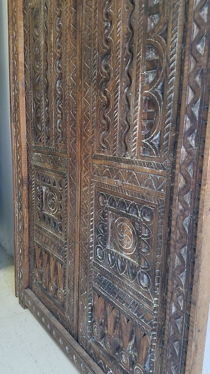Vintage Carved Wooden Double Door Panel, Berber Symbols (73x36)