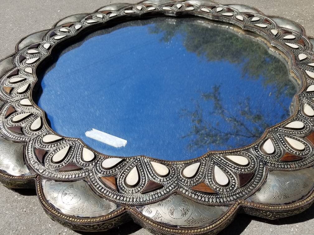 Moroccan Bone Inlay Mirror, 29" Round, Middle Eastern Decor