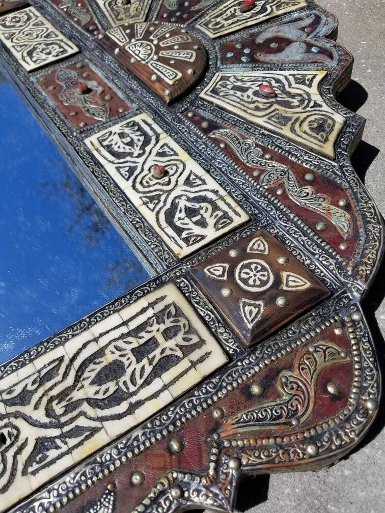 Handmade Moroccan Inlay Bone Mirror, Moorish Design, 48" x 28"