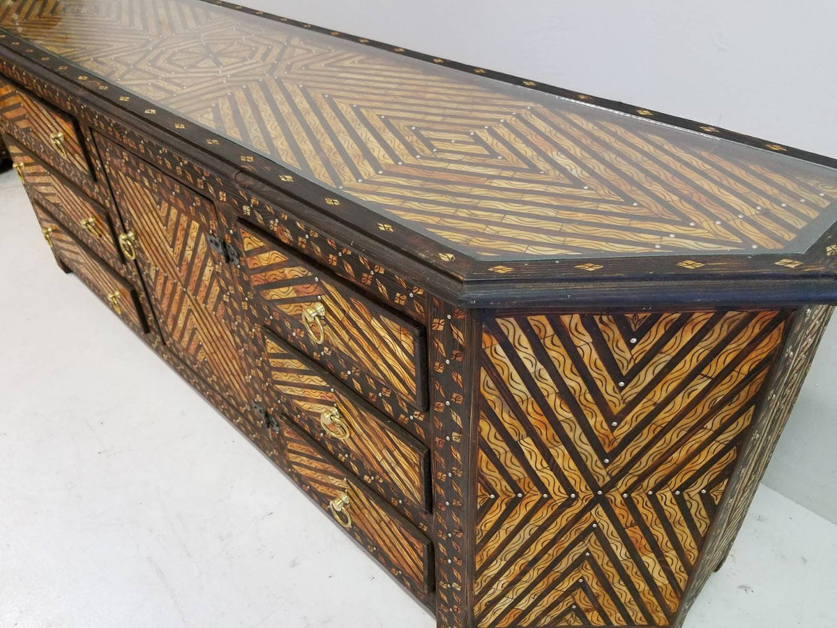 Vintage Moroccan Buffet: Orange Bone Inlay, Handmade Wood Cabinet (81x28x18)