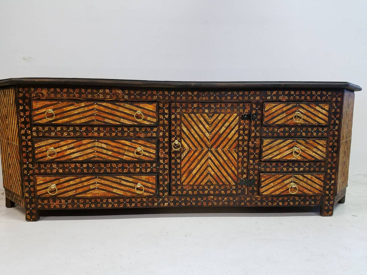 Vintage Moroccan Buffet: Orange Bone Inlay, Handmade Wood Cabinet (81x28x18)