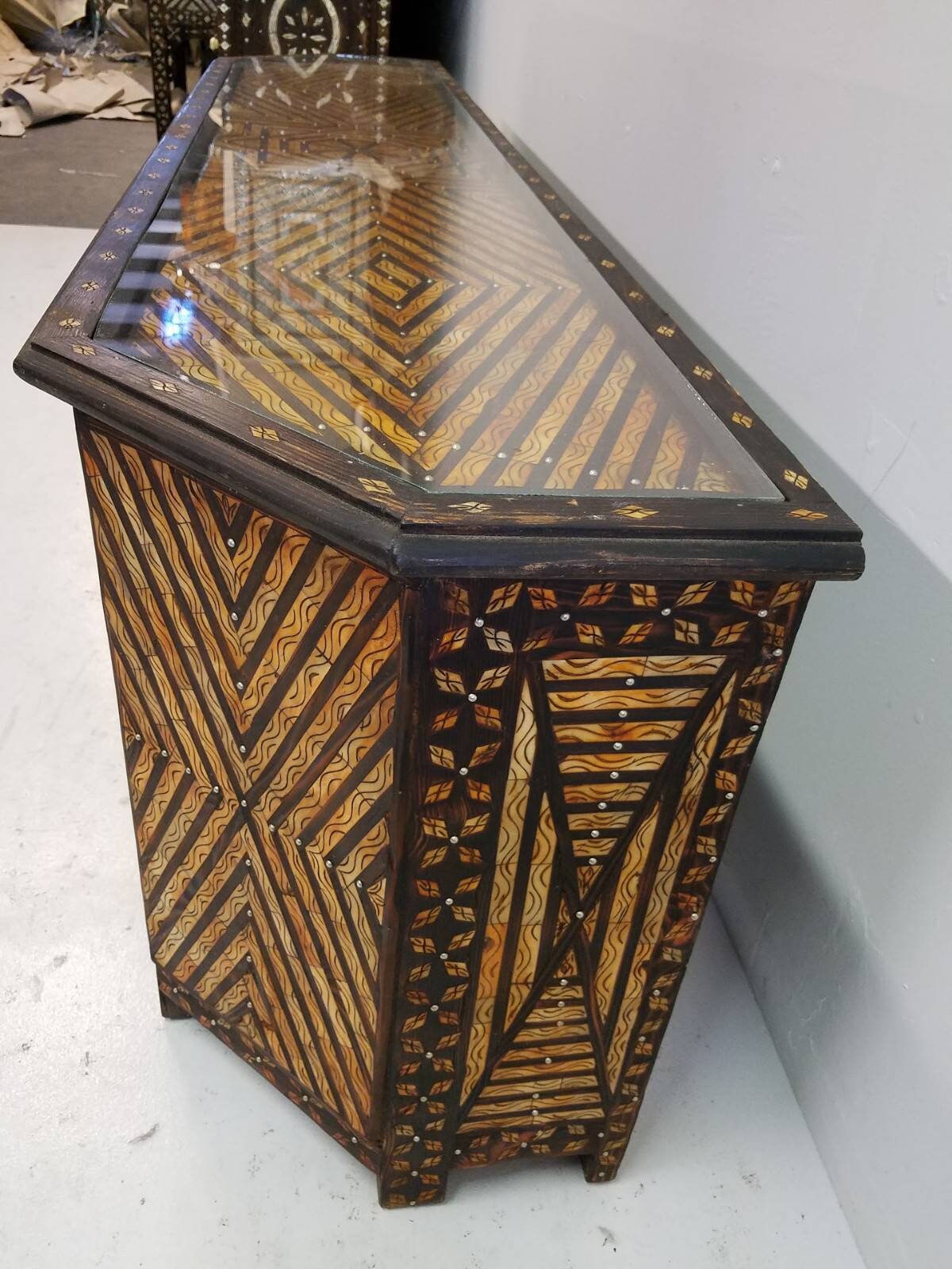 Vintage Moroccan Buffet: Orange Bone Inlay, Handmade Wood Cabinet (81x28x18)