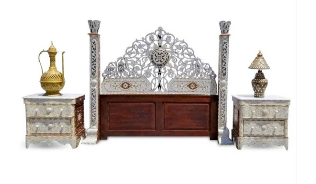 Syrian Mother of Pearl Inlaid King Bed Set: Headboard & Nightstands