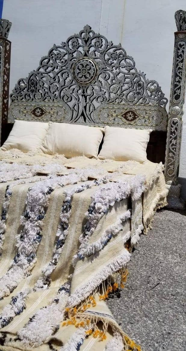 Syrian Mother of Pearl Inlaid King Bed Set: Headboard & Nightstands