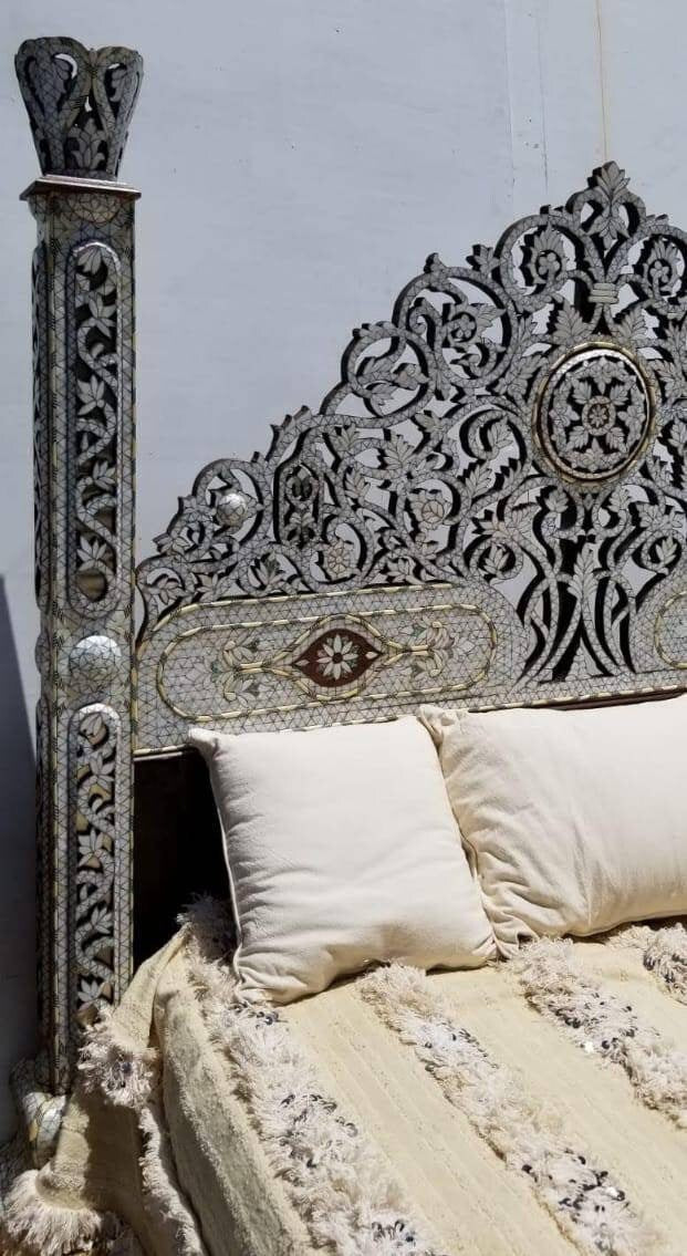 Syrian Mother of Pearl Inlaid King Bed Set: Headboard & Nightstands