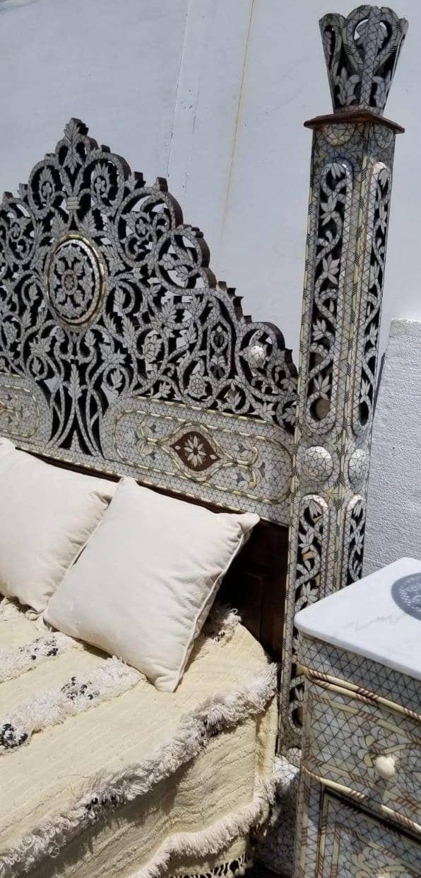 Syrian Mother of Pearl Inlaid King Bed Set: Headboard & Nightstands