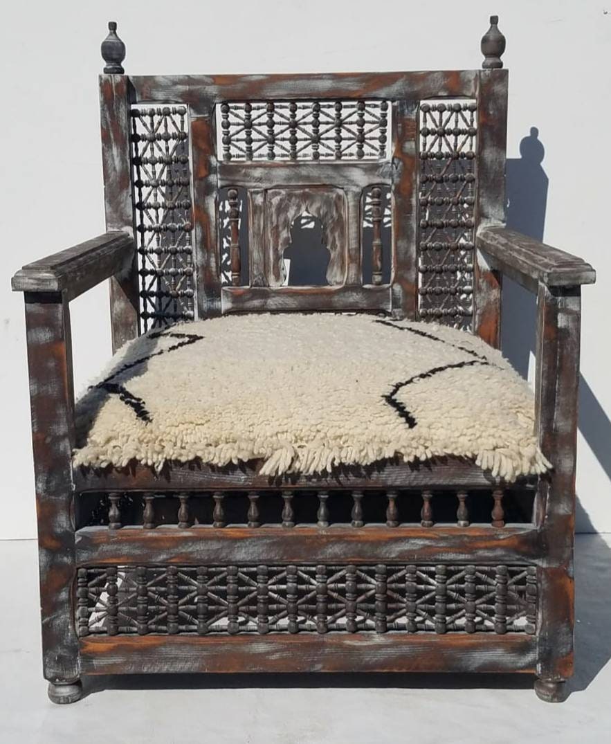 Handmade Moroccan Beni Ourain Wool Chair, Mousharabia Wood Artwork
