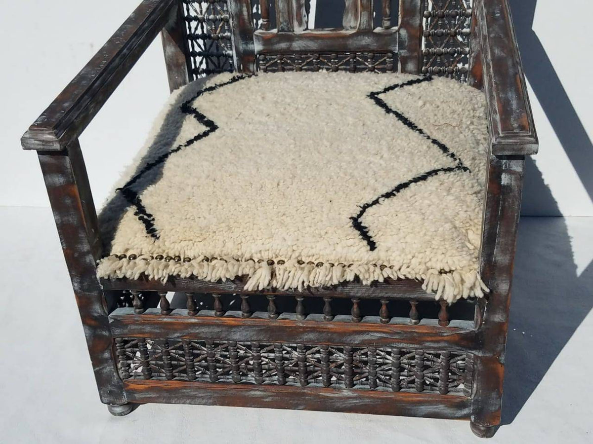Handmade Moroccan Beni Ourain Wool Chair, Mousharabia Wood Artwork