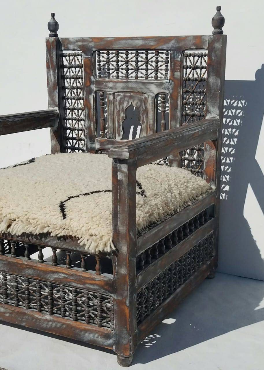 Handmade Moroccan Beni Ourain Wool Chair, Mousharabia Wood Artwork