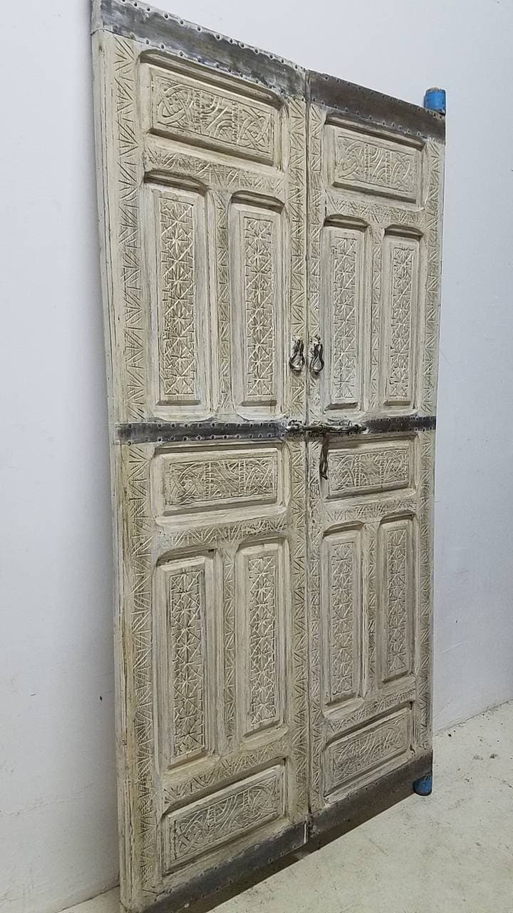 Handmade Vintage Moroccan Carved Double Door, White Cedar Wood (80.5x44.5)