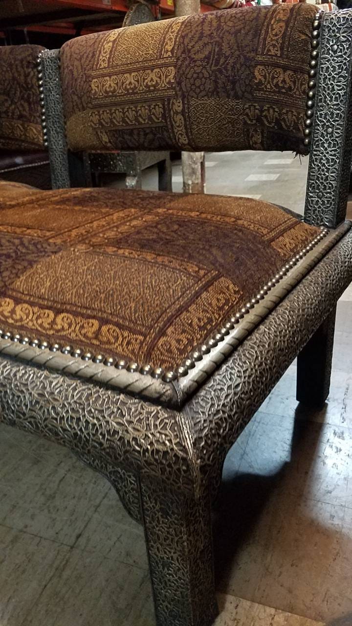 Handmade Moroccan Silver Metal Upholstered Bench, One-of-a-Kind Home Decor