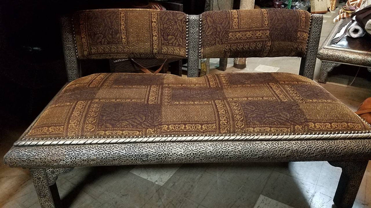 Handmade Moroccan Silver Metal Upholstered Bench, One-of-a-Kind Home Decor