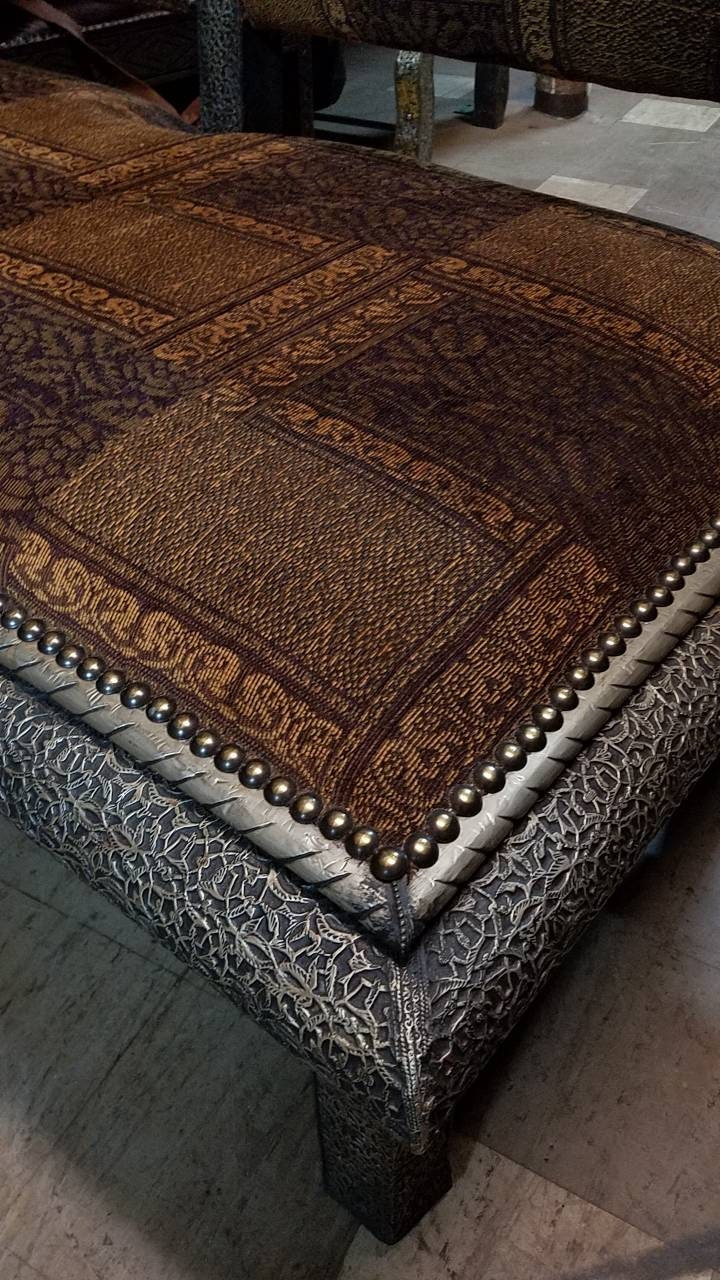 Handmade Moroccan Silver Metal Upholstered Bench, One-of-a-Kind Home Decor