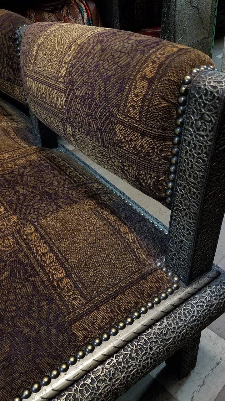 Handmade Moroccan Silver Metal Upholstered Bench, One-of-a-Kind Home Decor