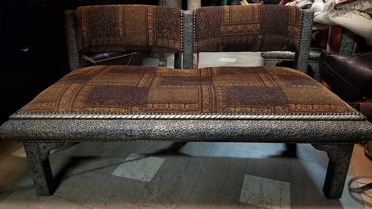 Handmade Moroccan Silver Metal Upholstered Bench, One-of-a-Kind Home Decor