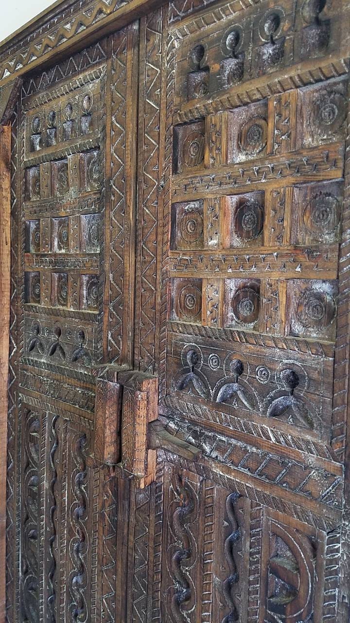 Vintage Carved Wooden Double Door Panel, Berber Symbols (73x36)