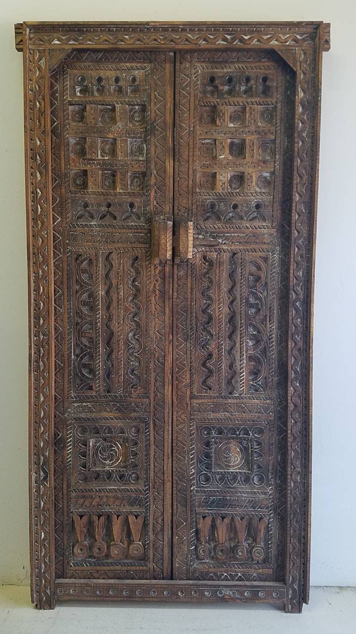 Vintage Carved Wooden Double Door Panel, Berber Symbols (73x36)
