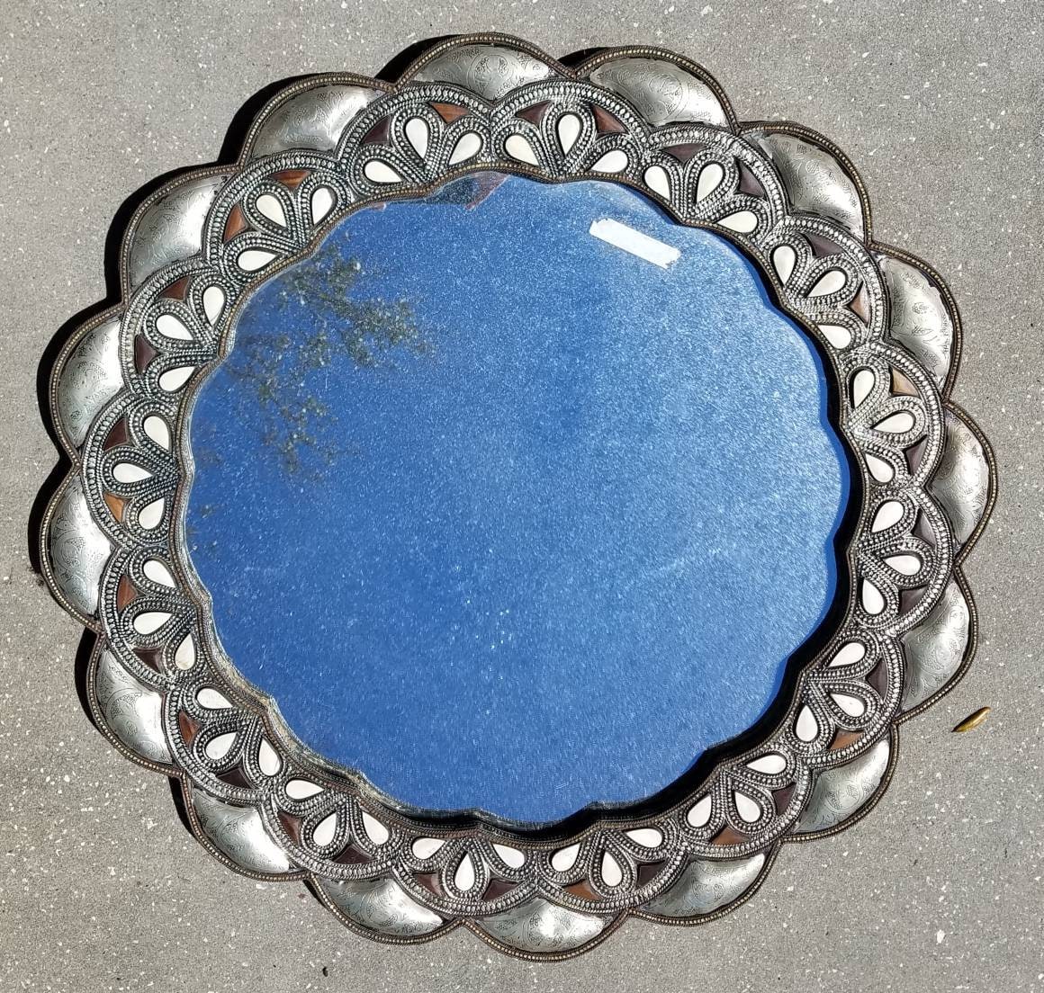 Moroccan Bone Inlay Mirror, 29" Round, Middle Eastern Decor