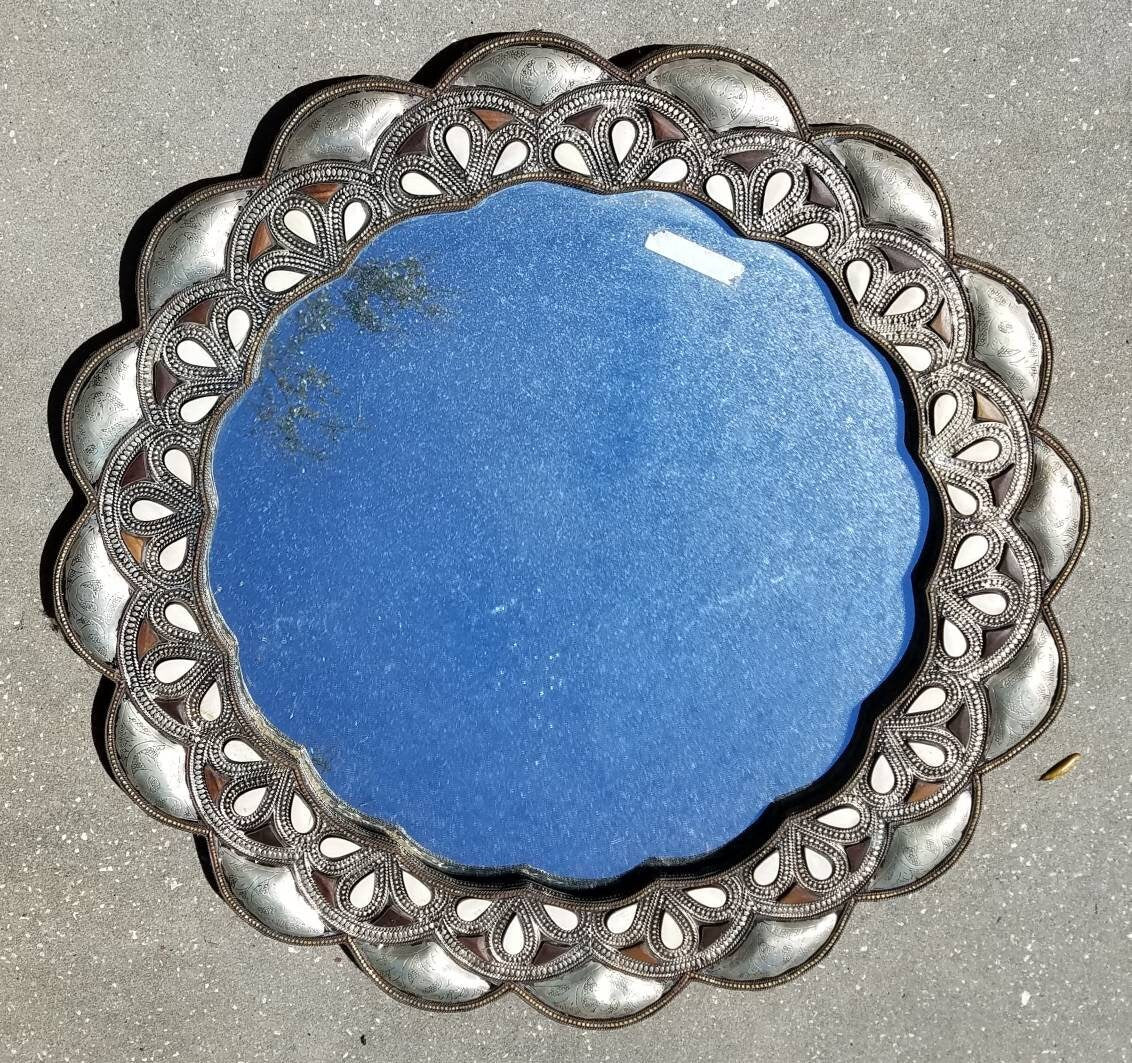 Moroccan Bone Inlay Mirror, 29" Round, Middle Eastern Decor