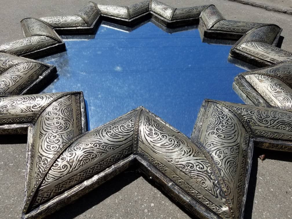 Handcrafted Moroccan Silver Star Mirror, Moorish Design (38 inch)