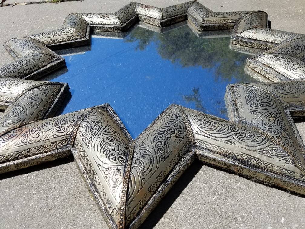 Handcrafted Moroccan Silver Star Mirror, Moorish Design (38 inch)
