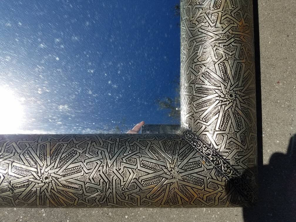 Hand Tooled Moroccan Silver Star Mirror, Moorish Decor (39x23")