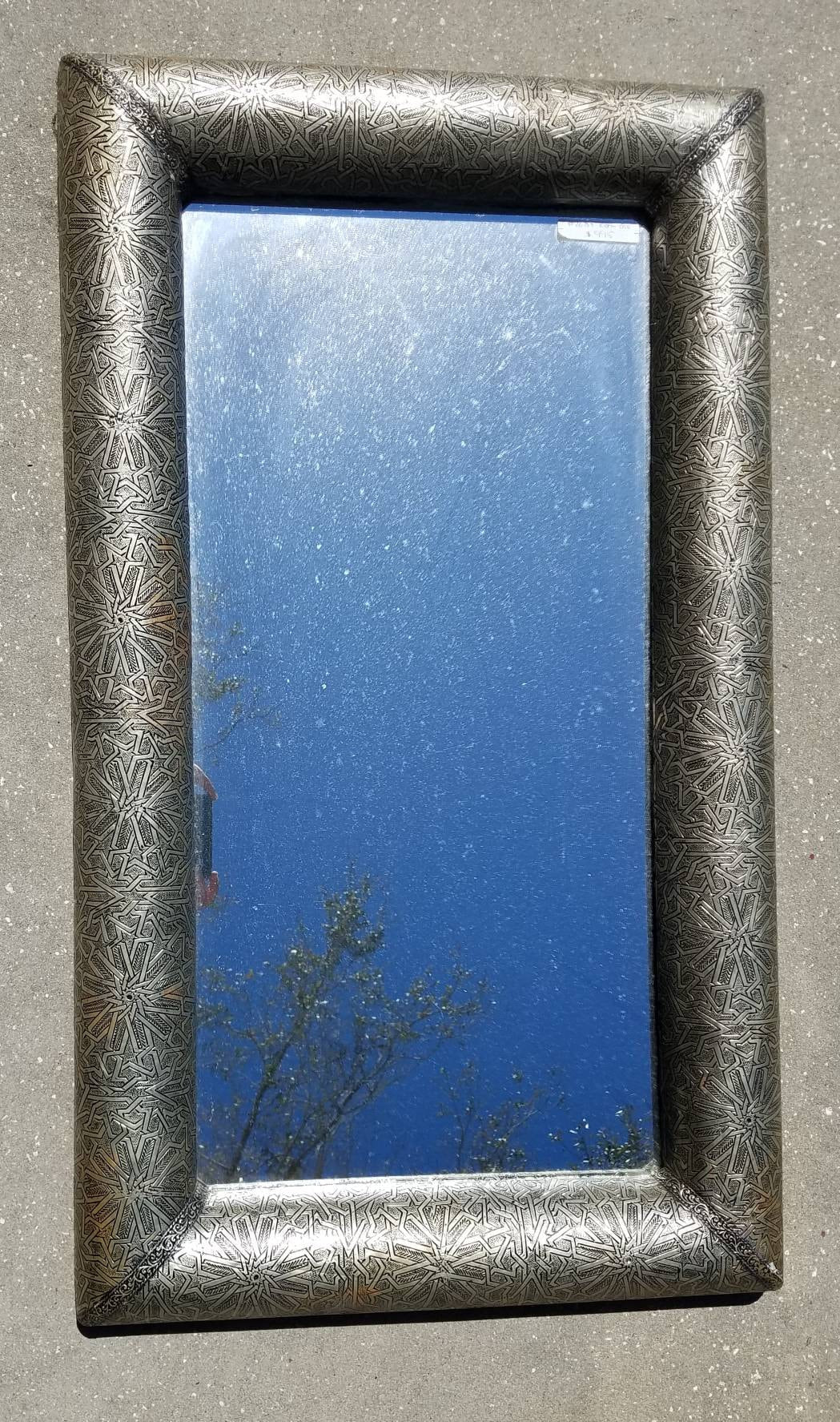 Hand Tooled Moroccan Silver Star Mirror, Moorish Decor (39x23")
