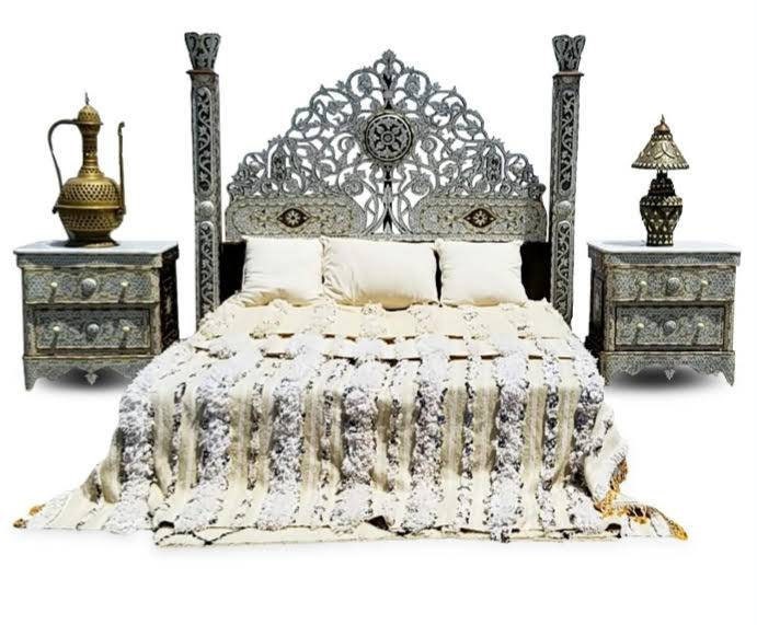 Syrian Mother of Pearl Inlaid King Bed Set: Headboard & Nightstands