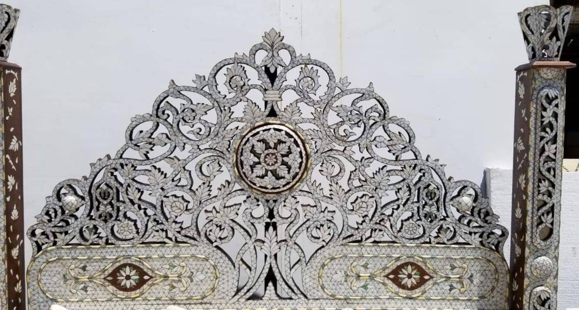 Syrian Mother of Pearl Inlaid King Bed Set: Headboard & Nightstands