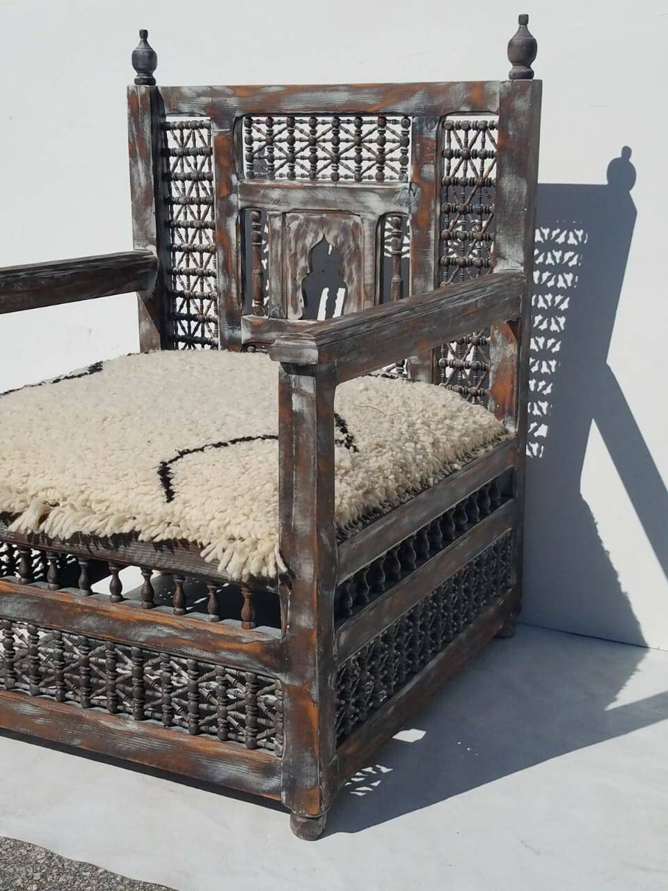 Handmade Moroccan Beni Ourain Wool Chair, Mousharabia Wood Artwork