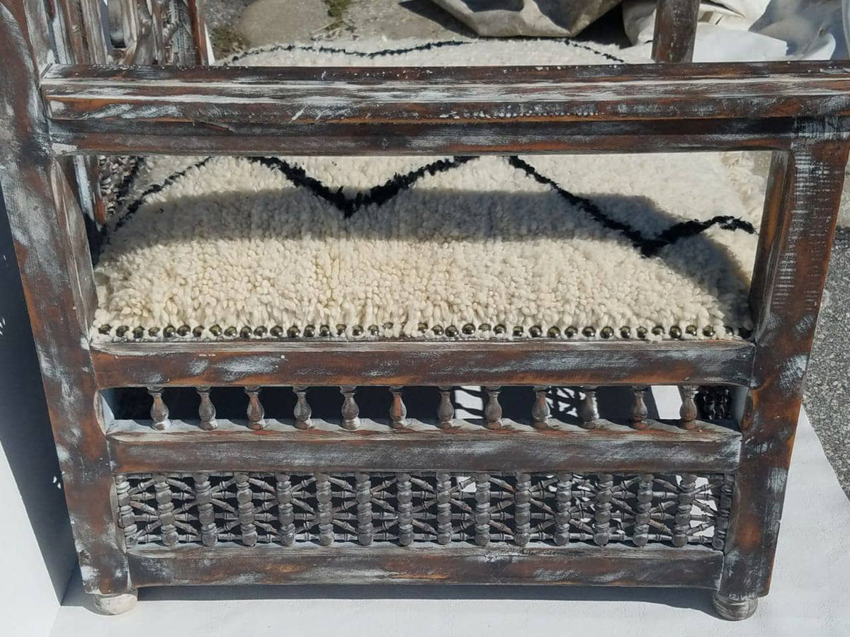 Handmade Moroccan Beni Ourain Wool Chair, Mousharabia Wood Artwork