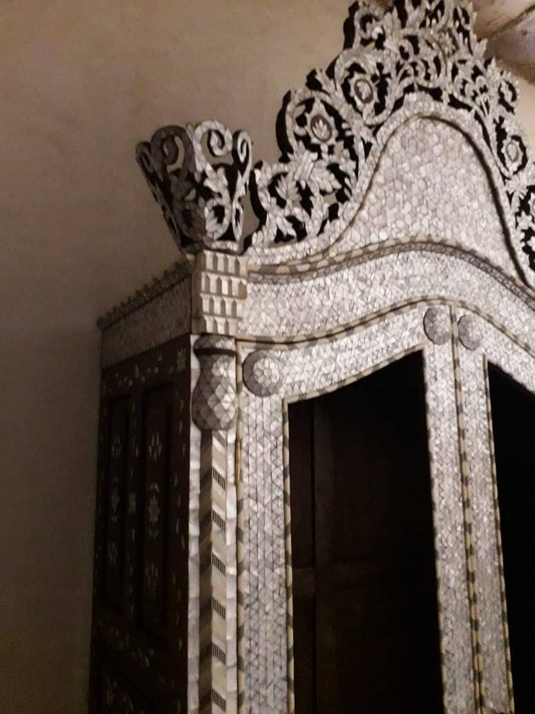 Handmade Moroccan Armoire, White Mother of Pearl Inlay, Syrian Bone Chest