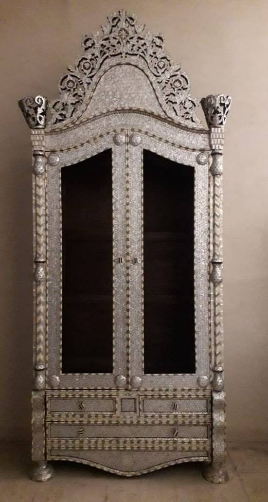 Handmade Moroccan Armoire, White Mother of Pearl Inlay, Syrian Bone Chest