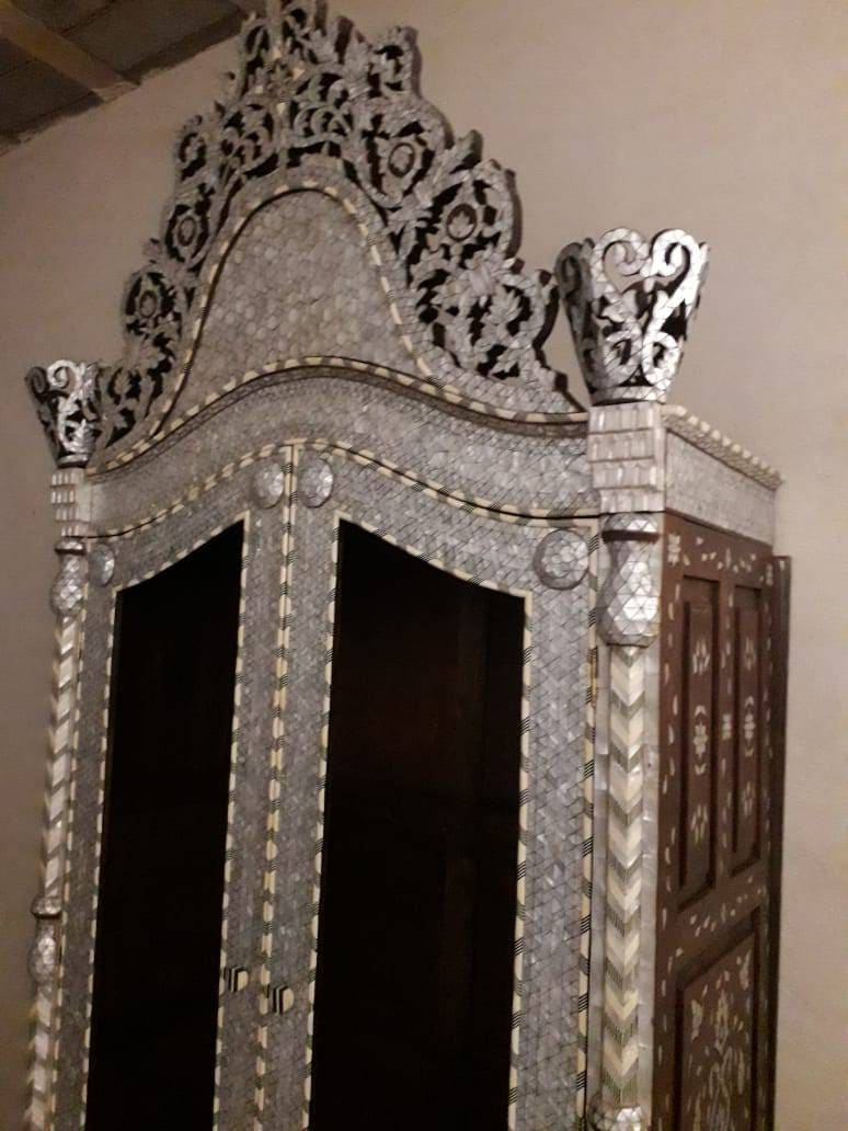 Handmade Moroccan Armoire, White Mother of Pearl Inlay, Syrian Bone Chest