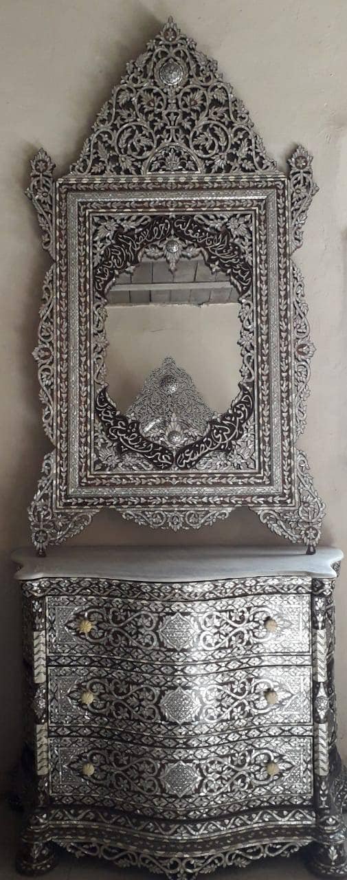 Vintage Mother of Pearl Inlay Chest of Drawers with Mirror, Middle Eastern Calligraphy