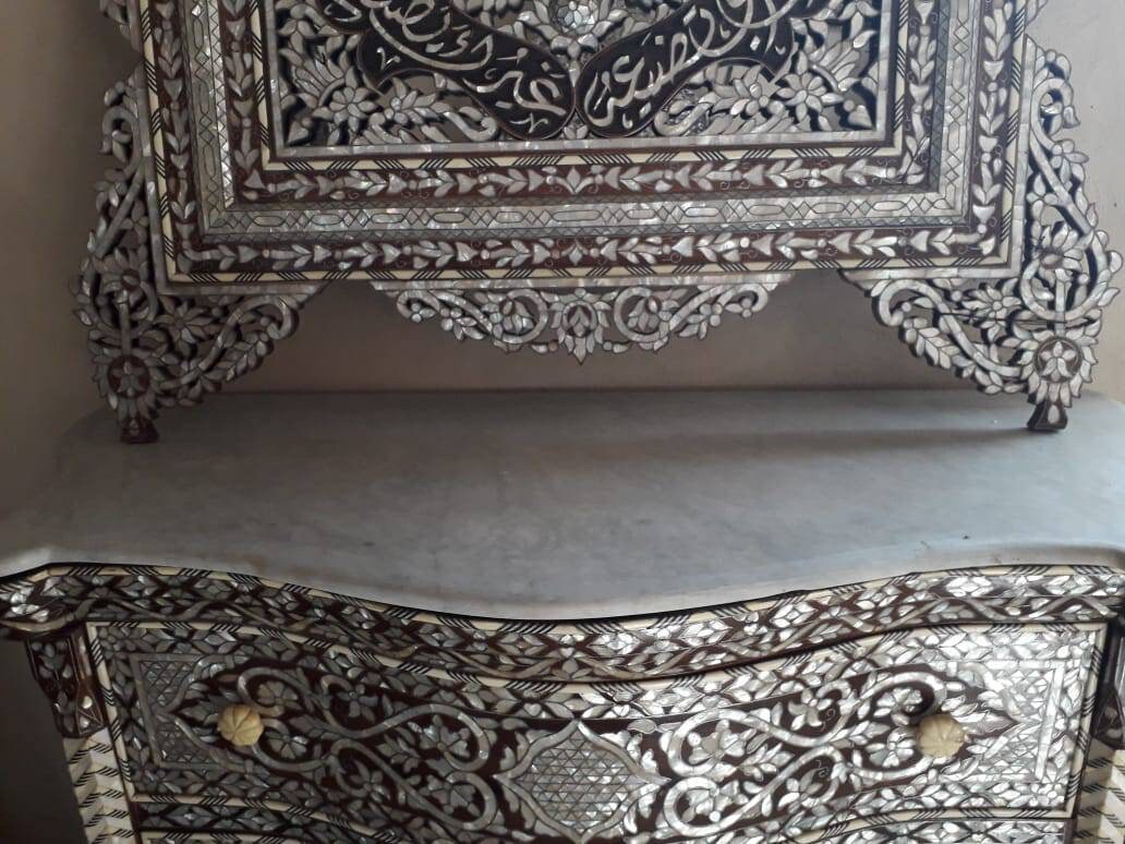 Vintage Mother of Pearl Inlay Chest of Drawers with Mirror, Middle Eastern Calligraphy