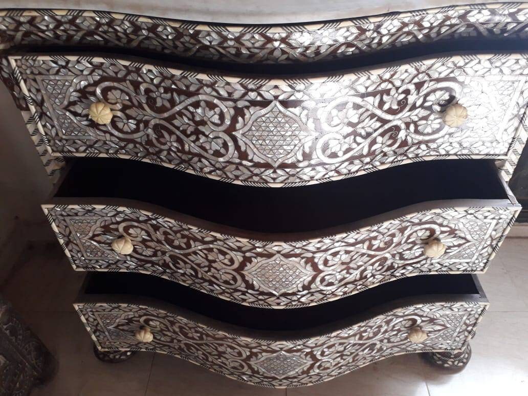 Vintage Mother of Pearl Inlay Chest of Drawers with Mirror, Middle Eastern Calligraphy
