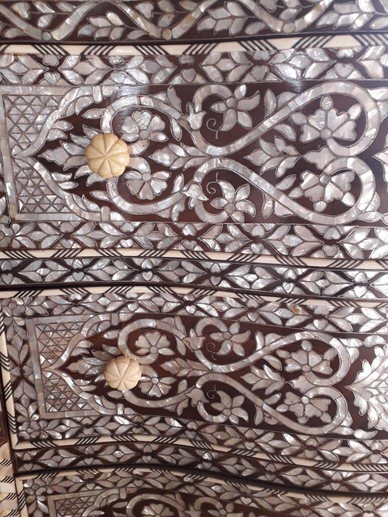 Vintage Mother of Pearl Inlay Chest of Drawers with Mirror, Middle Eastern Calligraphy