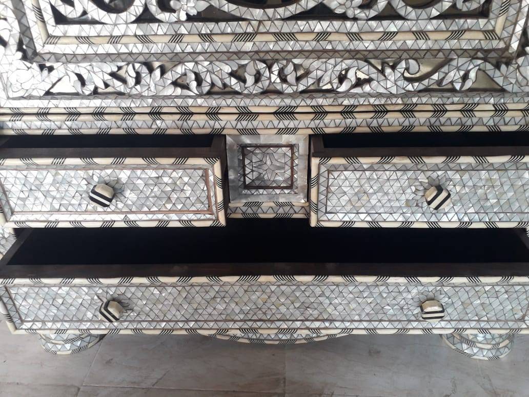 Handmade Syrian Armoire, White Mother of Pearl Inlay, Moroccan Bone Decor