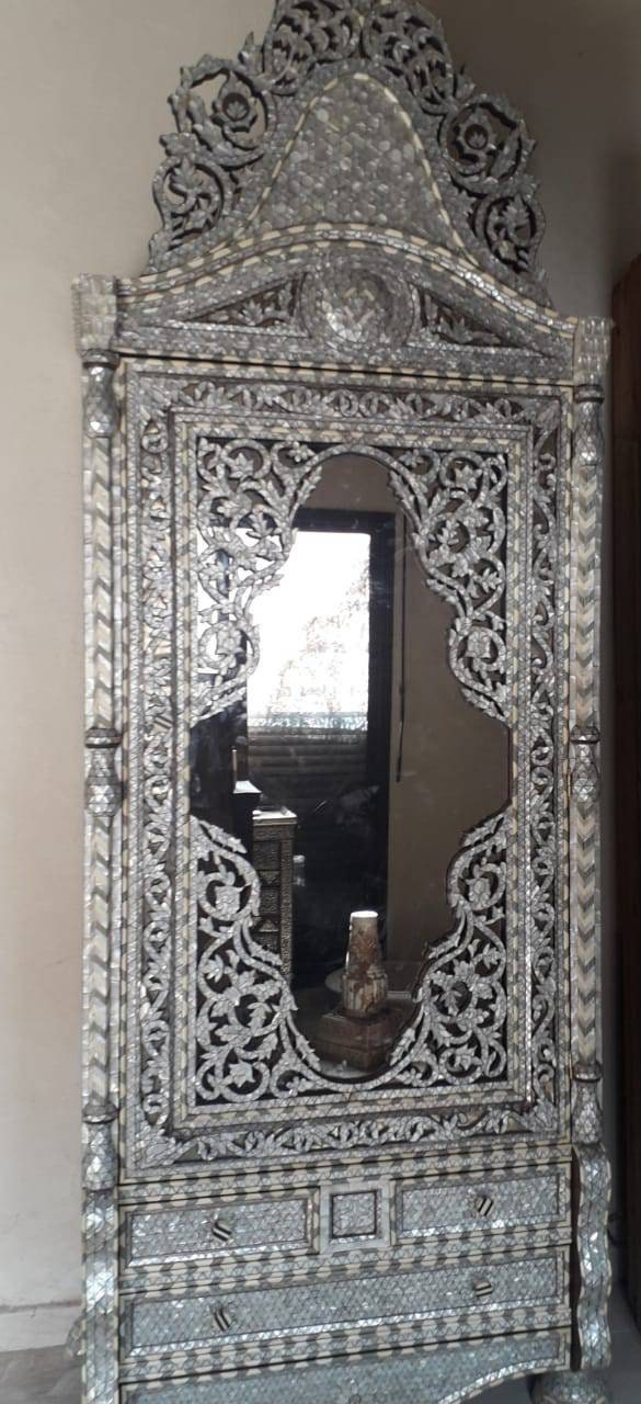 Handmade Syrian Armoire, White Mother of Pearl Inlay, Moroccan Bone Decor